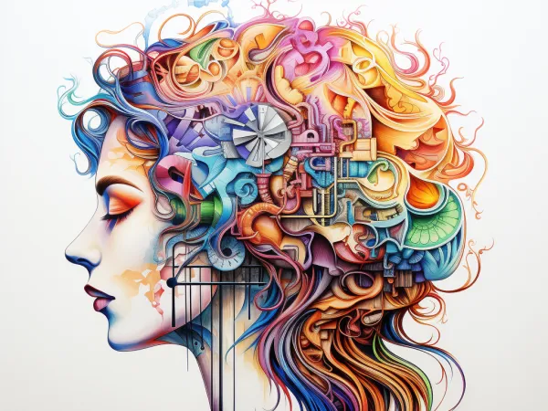 A multi-color profile drawing of a female